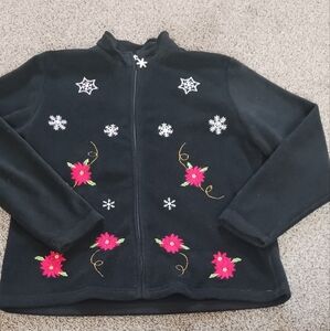 ****Falls Creek Black Fleece Zip Front Christmas Cardigan Size Large